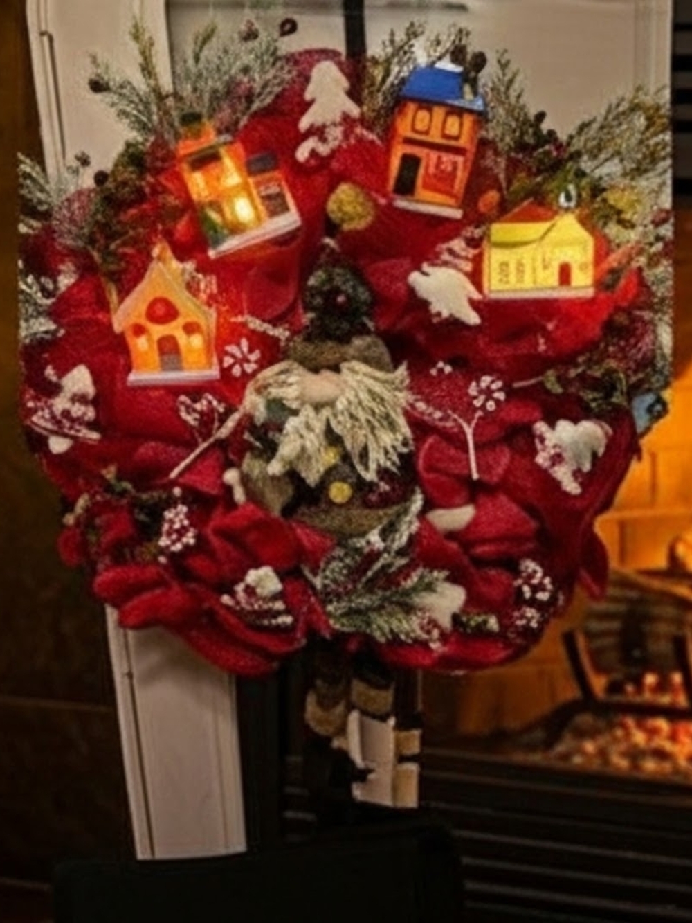 Holiday Red Wreath with Light-Up Village Accents